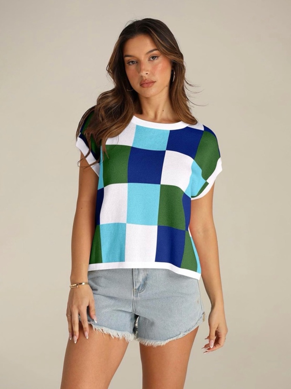 Colorblock Knit Shell in Teal, Blue & Cream